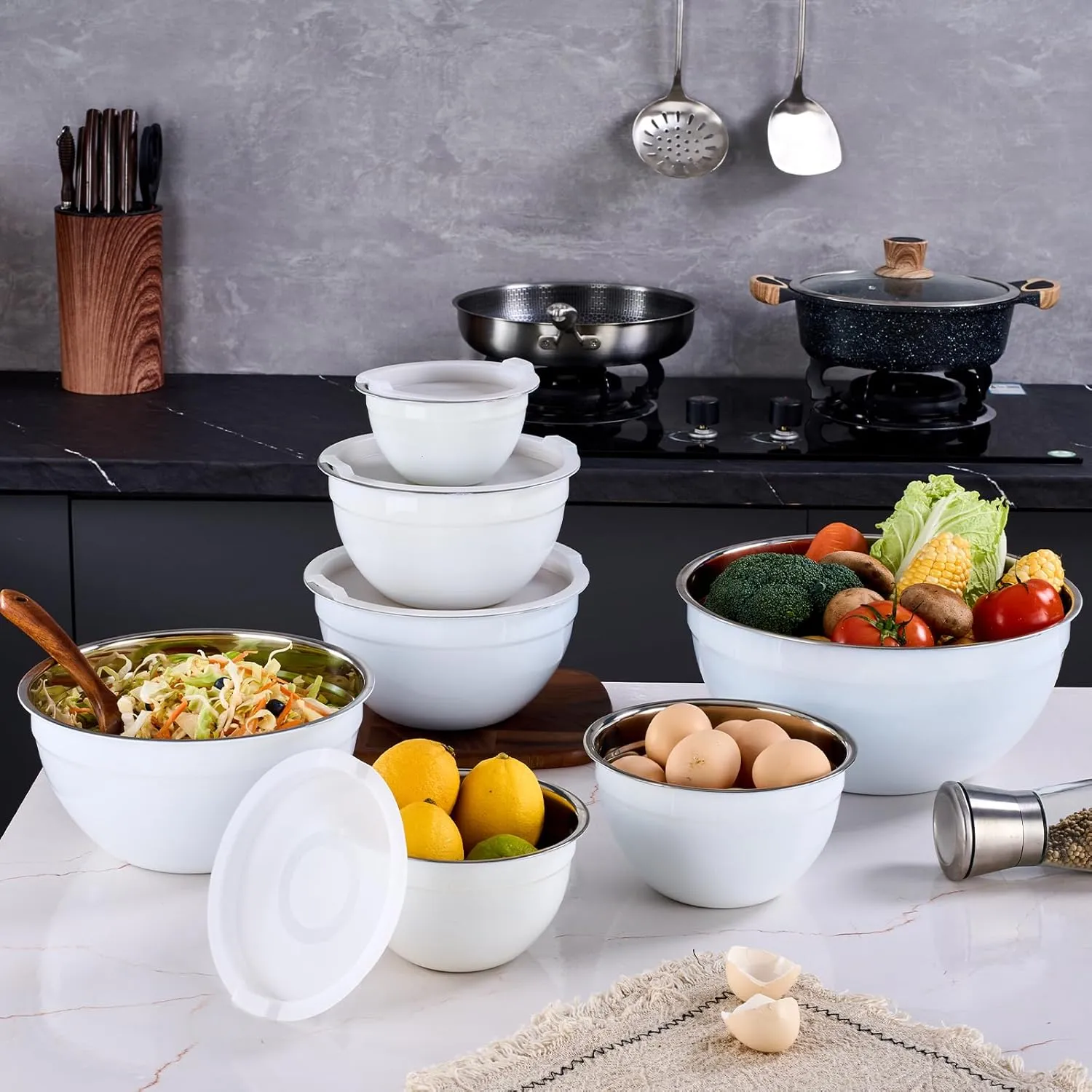 White Mixing Bowls With Airtight Lids,Stainless Steel Bowl,Salad Bowls 7 Piece Colorful Nesting Bowl Rainbow Kitchen Accessories,Size 7,3.6,2.7,2.1,1.5,1.1,0.8QT Stackable Design