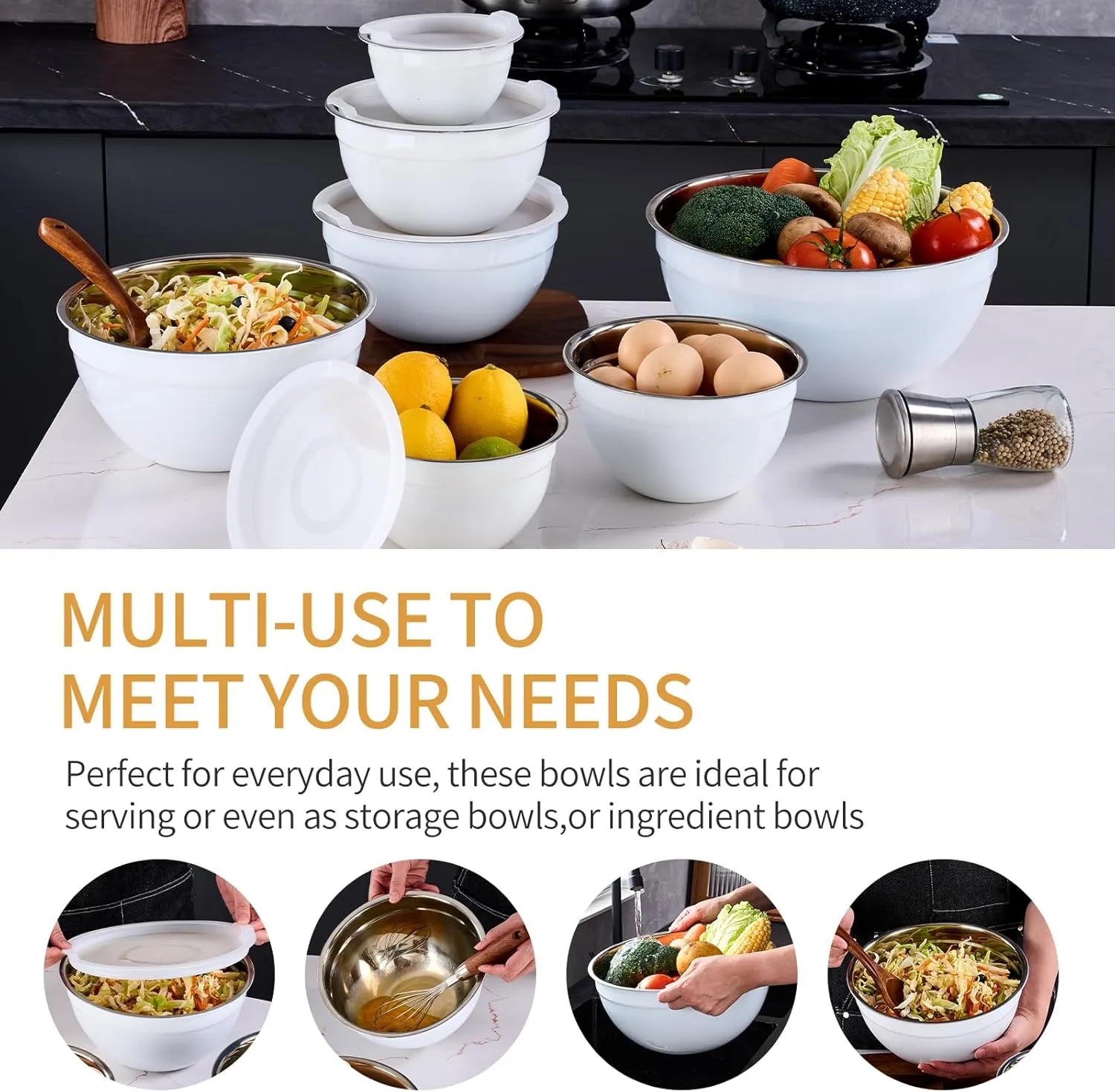 White Mixing Bowls With Airtight Lids,Stainless Steel Bowl,Salad Bowls 7 Piece Colorful Nesting Bowl Rainbow Kitchen Accessories,Size 7,3.6,2.7,2.1,1.5,1.1,0.8QT Stackable Design