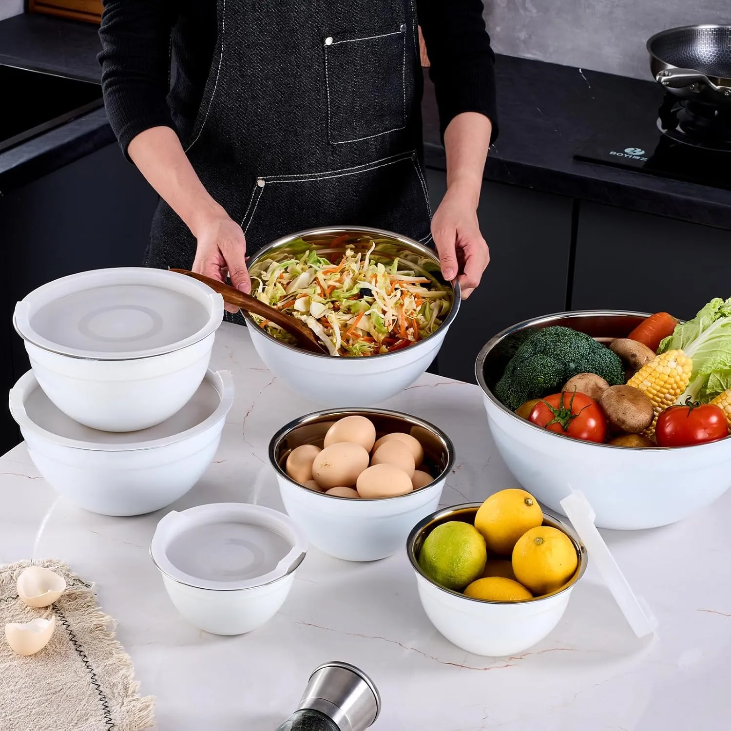 White Mixing Bowls With Airtight Lids,Stainless Steel Bowl,Salad Bowls 7 Piece Colorful Nesting Bowl Rainbow Kitchen Accessories,Size 7,3.6,2.7,2.1,1.5,1.1,0.8QT Stackable Design