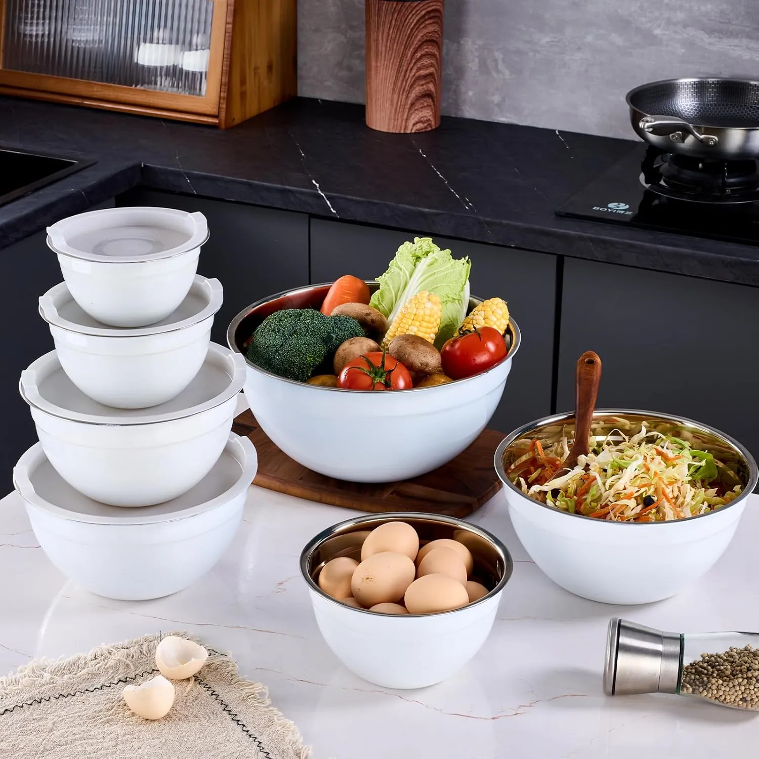 White Mixing Bowls With Airtight Lids,Stainless Steel Bowl,Salad Bowls 7 Piece Colorful Nesting Bowl Rainbow Kitchen Accessories,Size 7,3.6,2.7,2.1,1.5,1.1,0.8QT Stackable Design