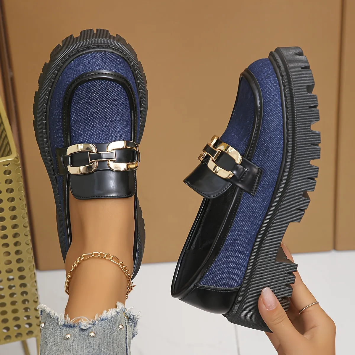 Womens Fashion Buckle Accent Loafers - Stylish Round Toe Platform Slip-Ons with Durable Lug Sole - Versatile & Supreme Comfort Shoes