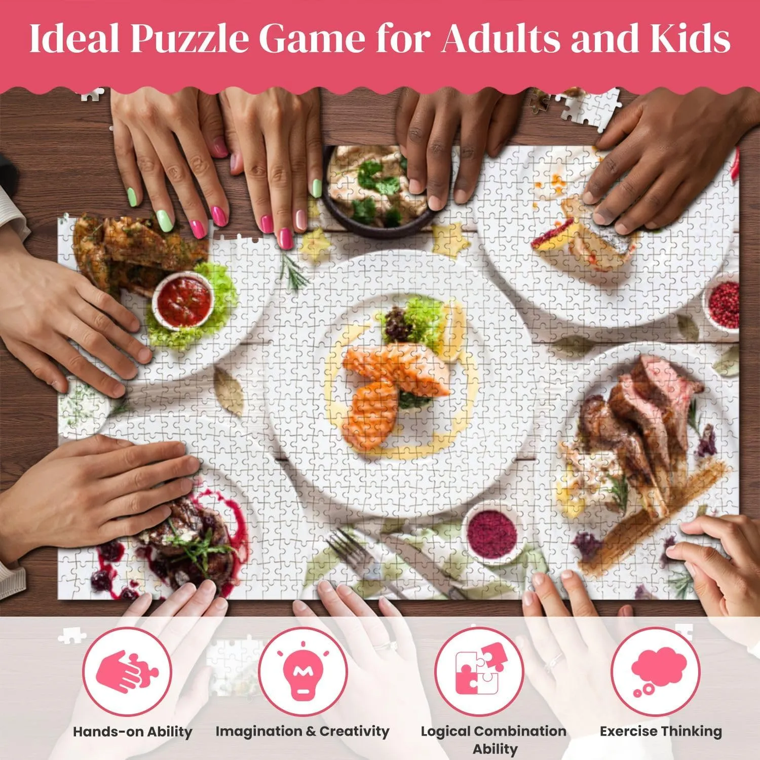 Wooden Puzzles Fish Meat Meals Variety Flat Lay Jigsaw Puzzles for Adults 1000 Pieces Impossible Puzzle Challenging Puzzle Educational Toys Decompression Game