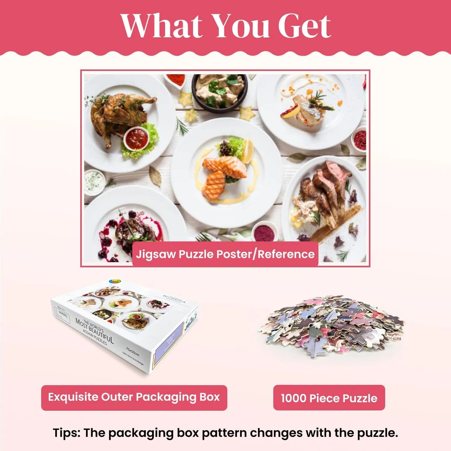 Wooden Puzzles Fish Meat Meals Variety Flat Lay Jigsaw Puzzles for Adults 1000 Pieces Impossible Puzzle Challenging Puzzle Educational Toys Decompression Game
