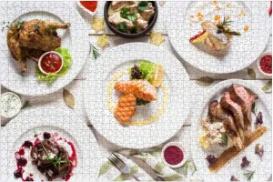 Wooden Puzzles Fish Meat Meals Variety Flat Lay Jigsaw Puzzles for Adults 1000 Pieces Impossible Puzzle Challenging Puzzle Educational Toys Decompression Game