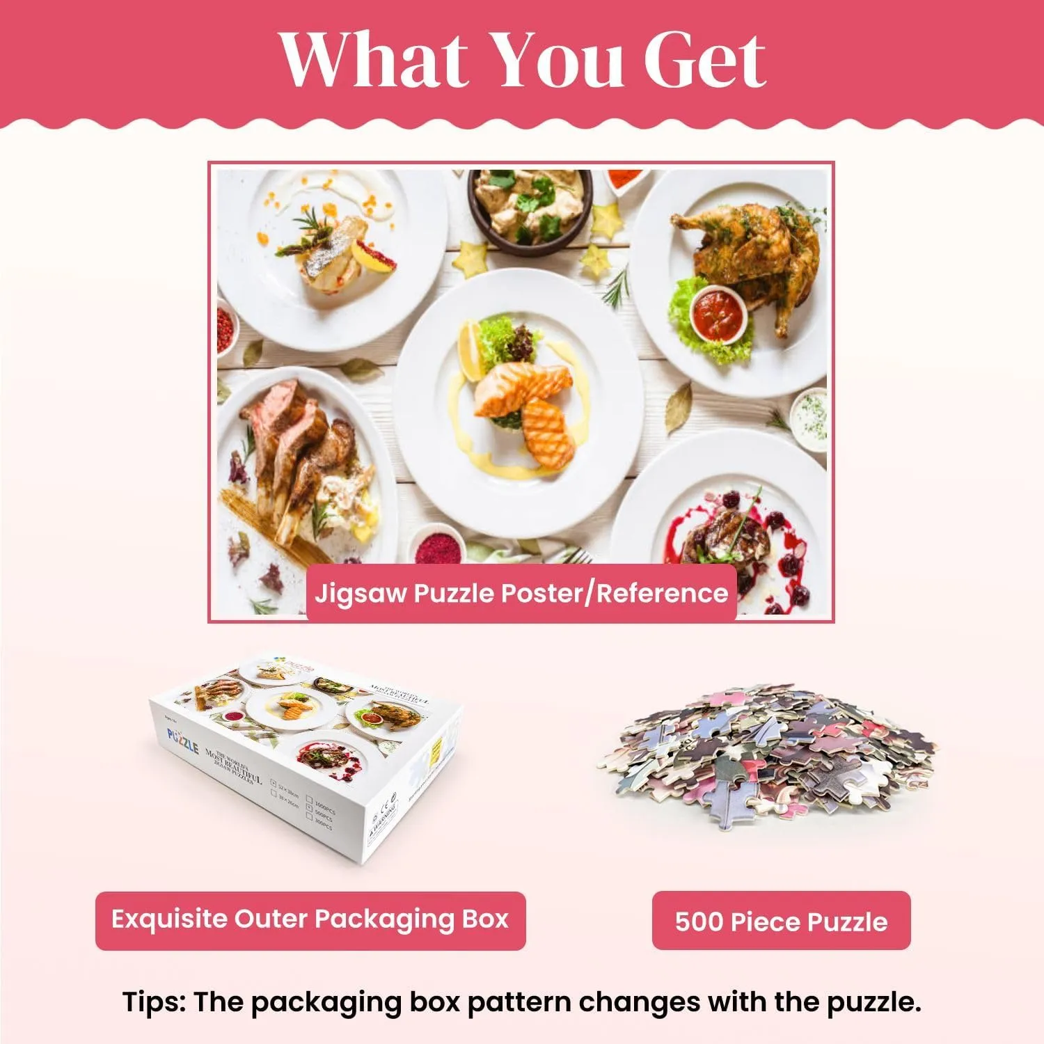 Wooden Puzzles top View Food Assortment Luxury Buffet Flat Lay Jigsaw Puzzles for Adults 500 Pieces Impossible Puzzle Challenging Puzzle Educational Toys Decompression Game