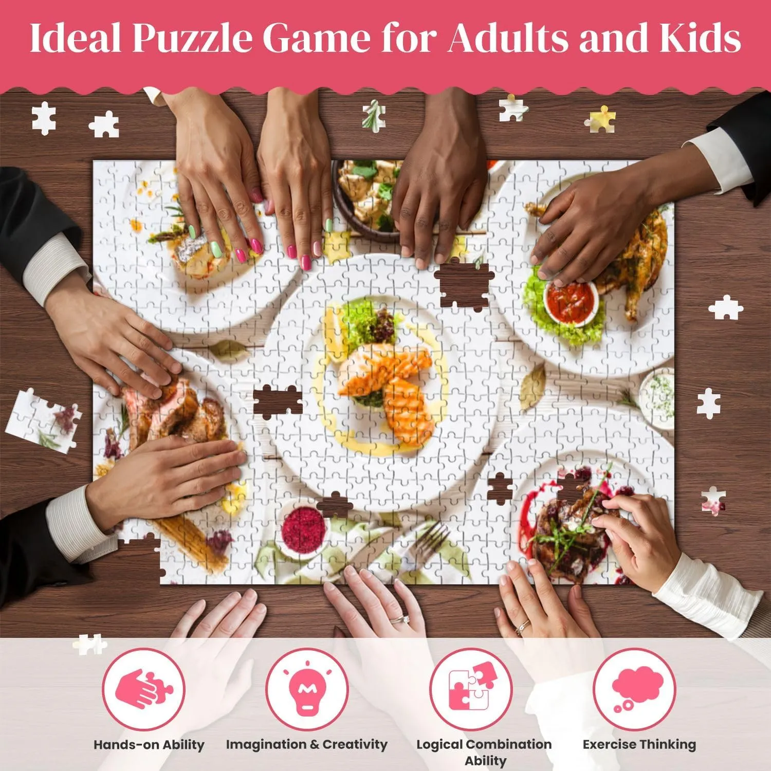 Wooden Puzzles top View Food Assortment Luxury Buffet Flat Lay Jigsaw Puzzles for Adults 500 Pieces Impossible Puzzle Challenging Puzzle Educational Toys Decompression Game