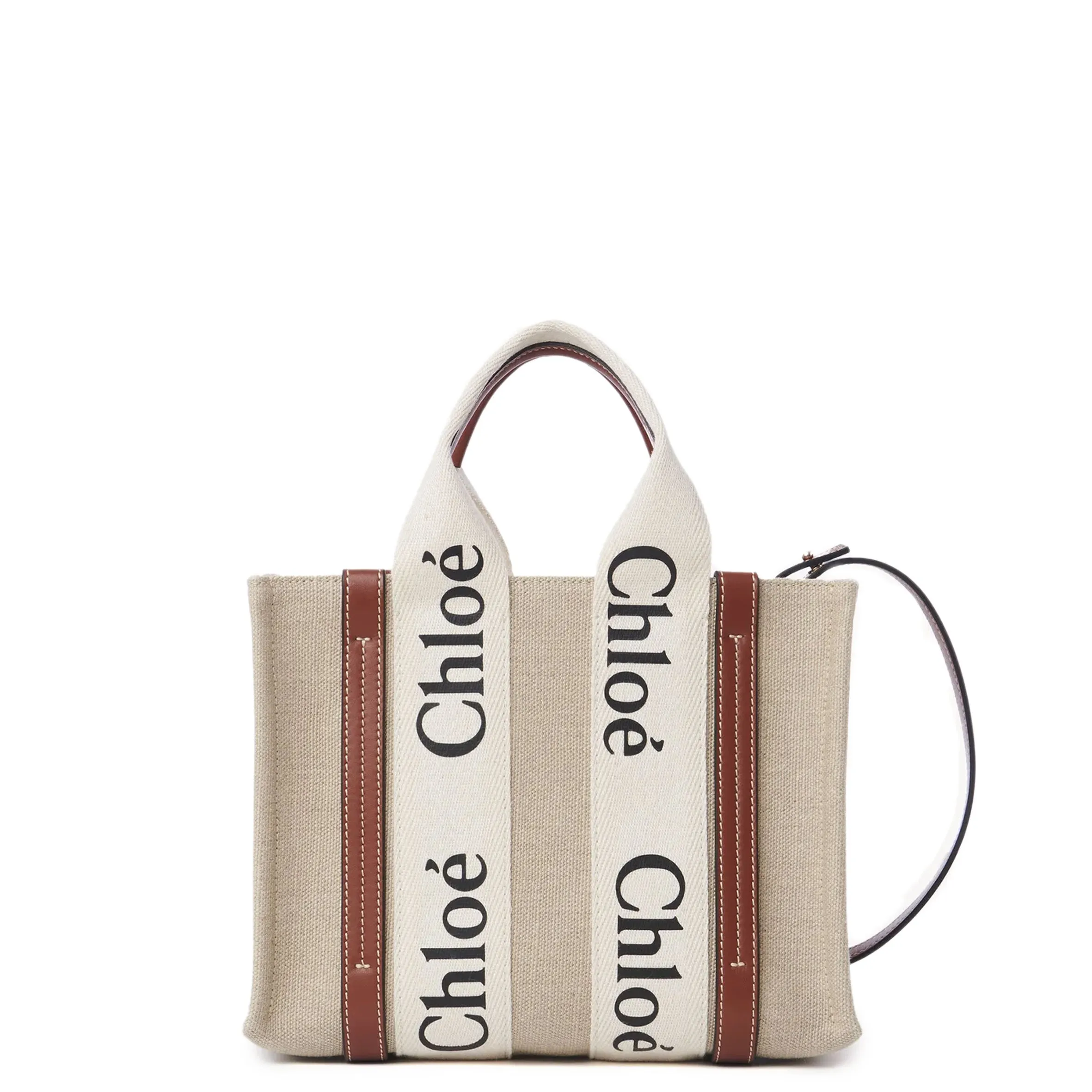 Woody Tote Small Strap Linen, White/Brown