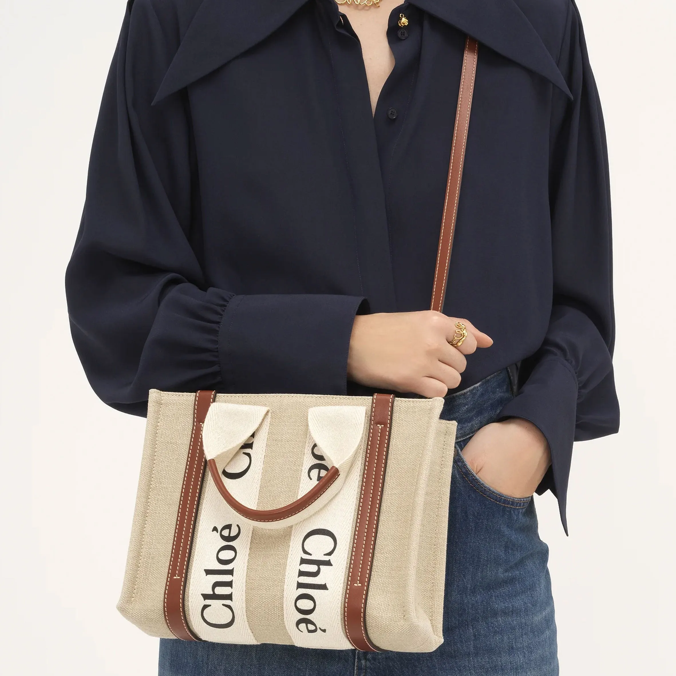 Woody Tote Small Strap Linen, White/Brown