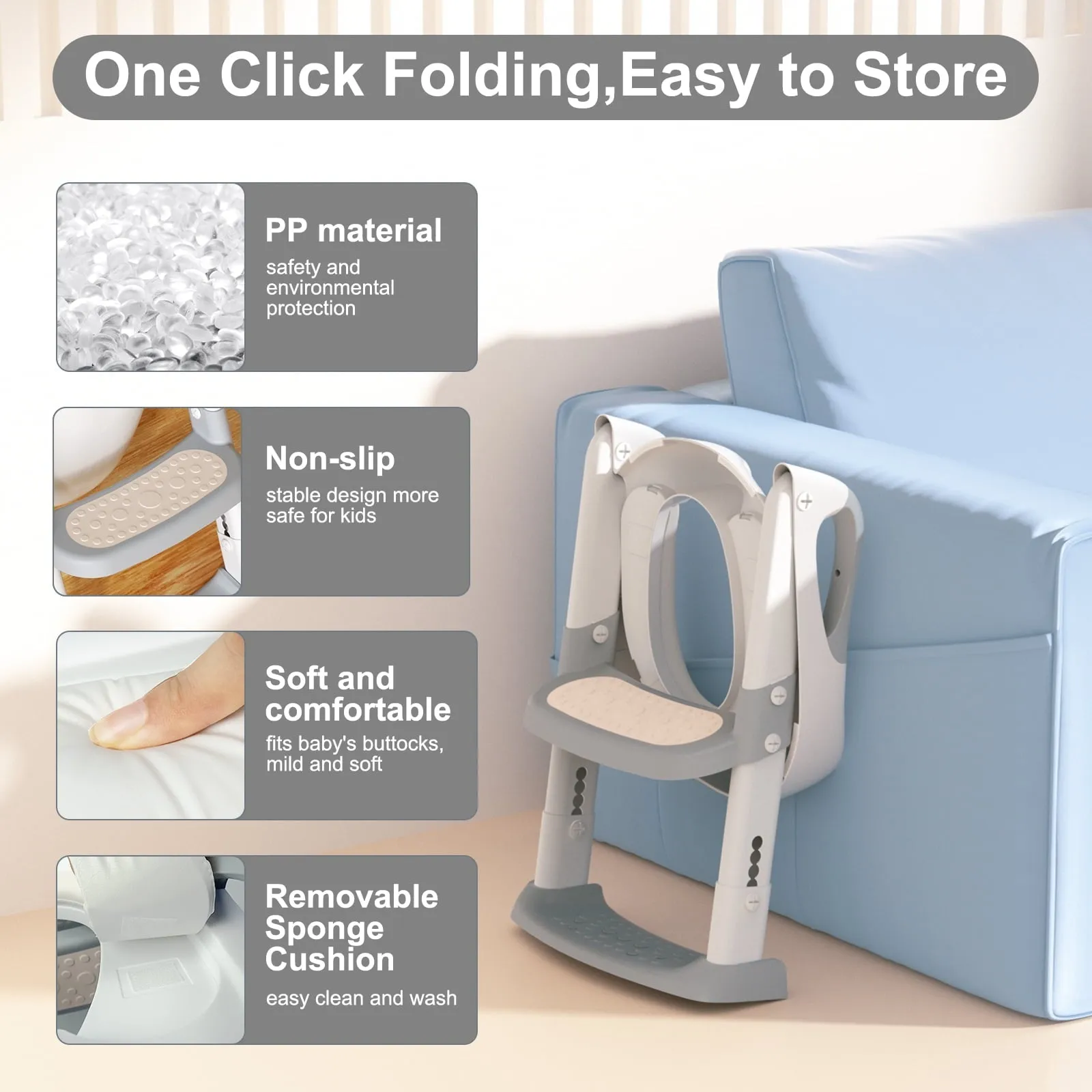 XJD Potty Training Toilet Seat for Toddlers,kids Folding Potty Seat with Ladders Steps Stools,Grey