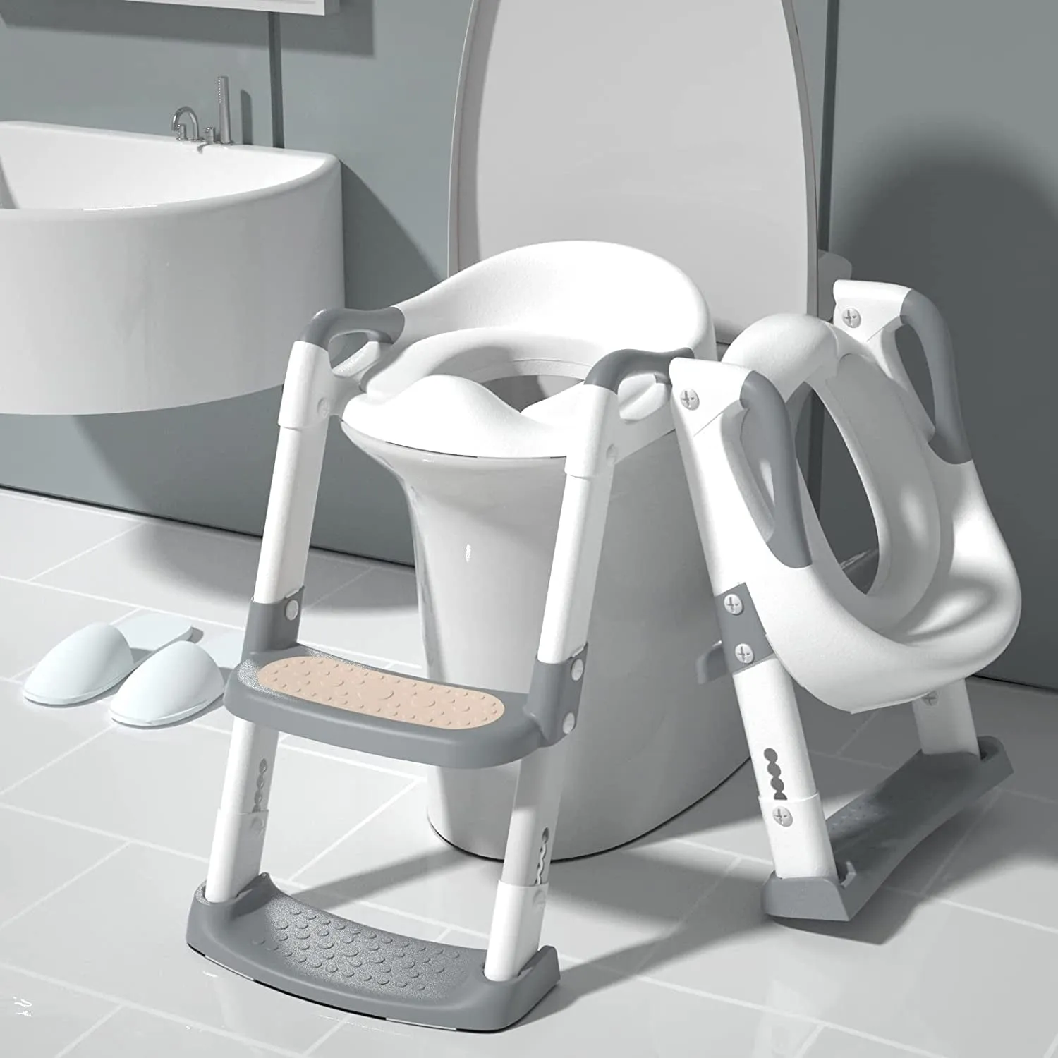 XJD Potty Training Toilet Seat for Toddlers,kids Folding Potty Seat with Ladders Steps Stools,Grey